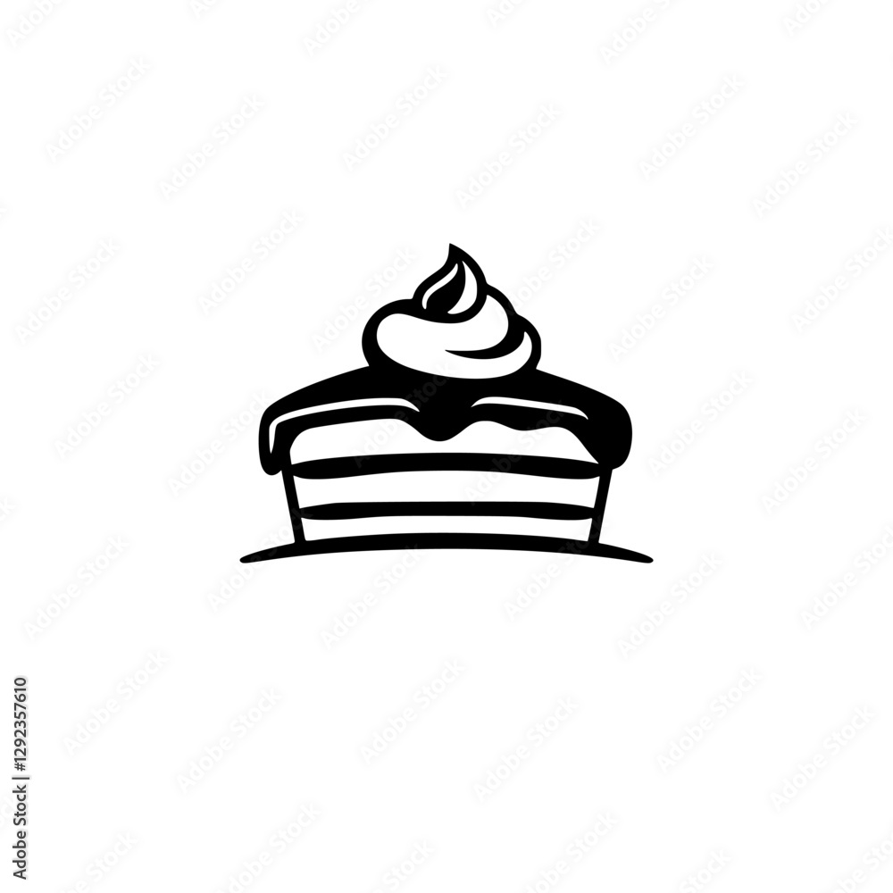 Minimalist black and white illustration of a delicious piece of cake with frosting on white background. Minimalist black and white illustration of a delicious piece of cake with frosting on white background.