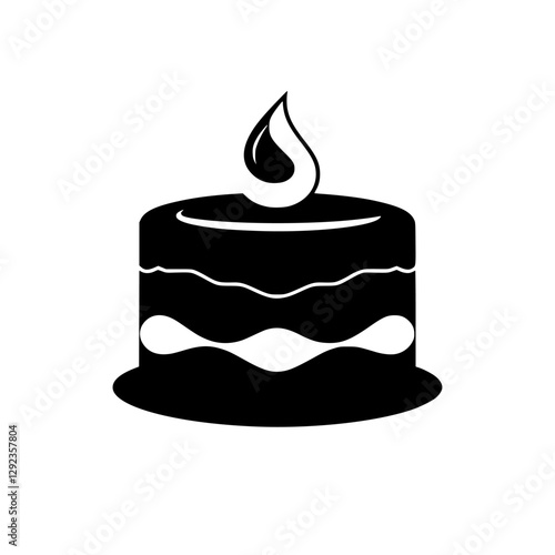 Simple minimalist illustration of a birthday cake with a melting flame-shaped candle on a white background.