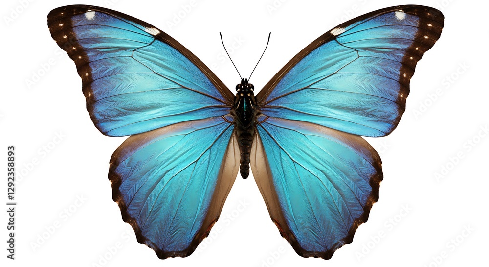 Fototapeta premium Vibrant Blue Butterfly with Black and Orange Wing Detail on White Background 