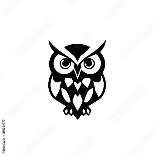 Simplified black and white owl illustration, stylized, symmetrical design, clean lines, on a white background.