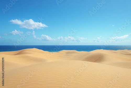 Desert Dunes and Ocean Horizon under Bright Blue Sky