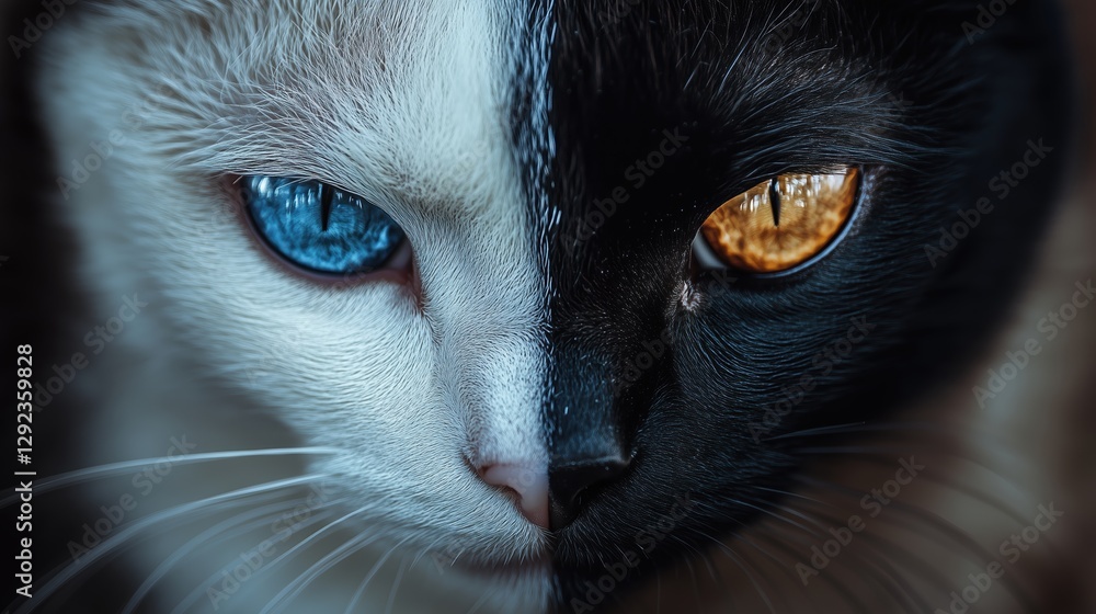 Unique hybrid creature with a face split between a white cat and a black panther showcasing vibrant blue and amber eyes Unique hybrid creature with a face split between a white cat and a black panther showcasing vibrant blue and amber eyes
