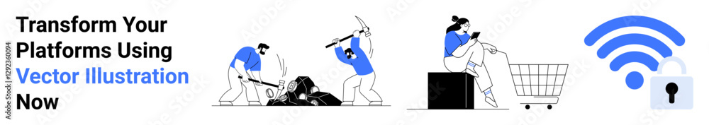 Workers digging at a construction site, a woman shopping online in a cart, and a secured wireless symbol. Ideal for technology, e-commerce, online security, innovation, work processes, digital Workers digging at a construction site, a woman shopping online in a cart, and a secured wireless symbol. Ideal for technology, e-commerce, online security, innovation, work processes, digital