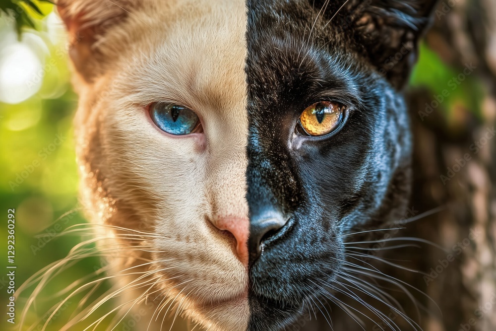 Obraz premium Unique blend of a white cat and black panther showcasing striking facial features and vibrant eyes in a natural setting