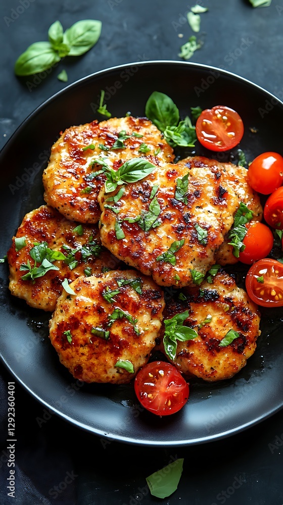 Pan-fried chicken patties on dark plate with cherry tomatoes and basil Pan-fried chicken patties on dark plate with cherry tomatoes and basil