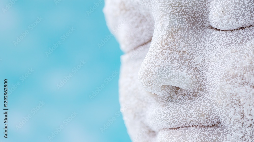 Fototapeta premium Woman's face covered in white powder, relaxed expression, against teal background, beauty treatment