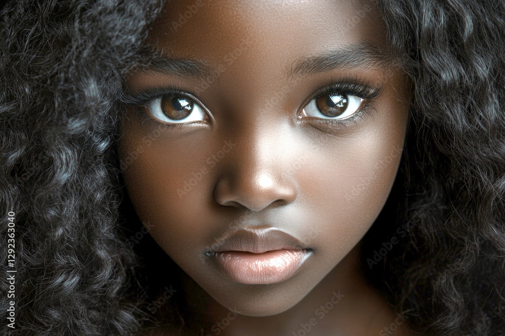 Naklejka premium Gorgeous calm black girl - for ads, billboard and social digital marketing ad use. Long coiffure - curly hair. Commercial digital ads concept art art. Professional african beauty.
