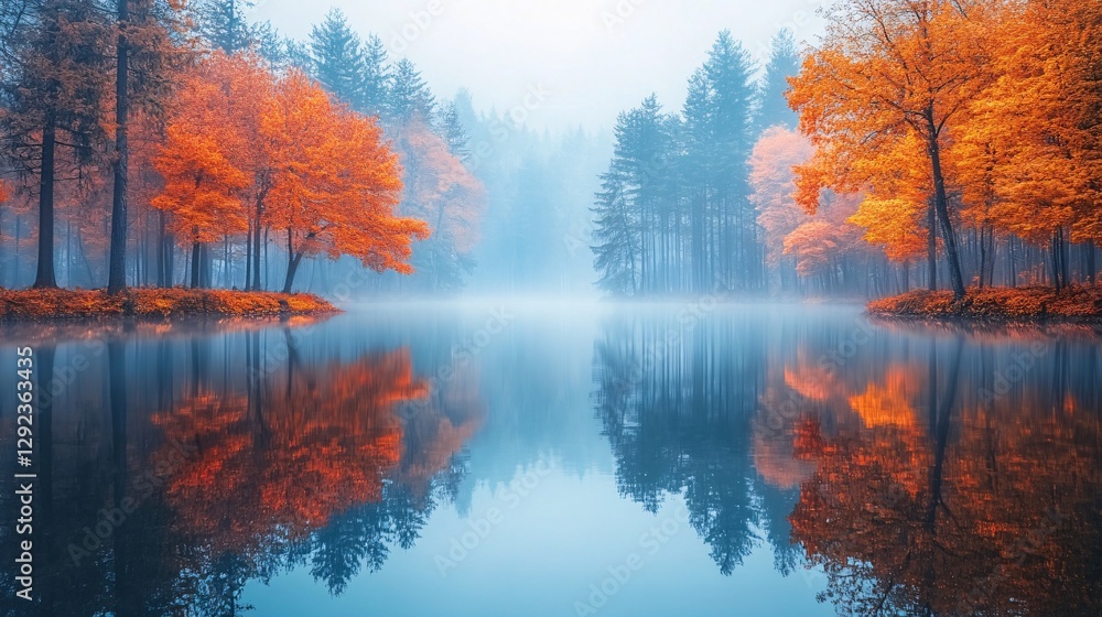 Autumn reflection lake forest nature photography misty environment serene viewpoint Autumn reflection lake forest nature photography misty environment serene viewpoint