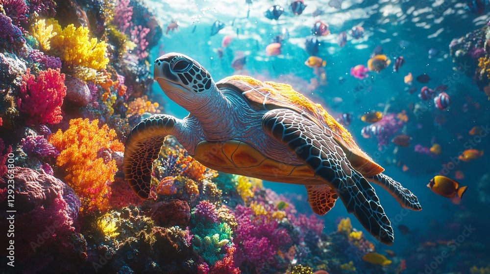 Fototapeta premium Swimming sea turtle among vibrant coral reef underwater scene tropical ocean colorful marine life