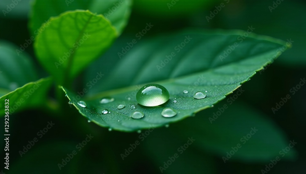 Fototapeta premium Dark green leaves, glistening water droplet on leaf surface , texture, emerald, tropical