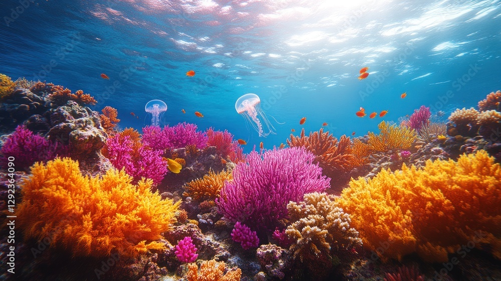 Fototapeta premium Vibrant coral reef teeming with life, featuring jellyfish and colorful fish in sunlit ocean water.