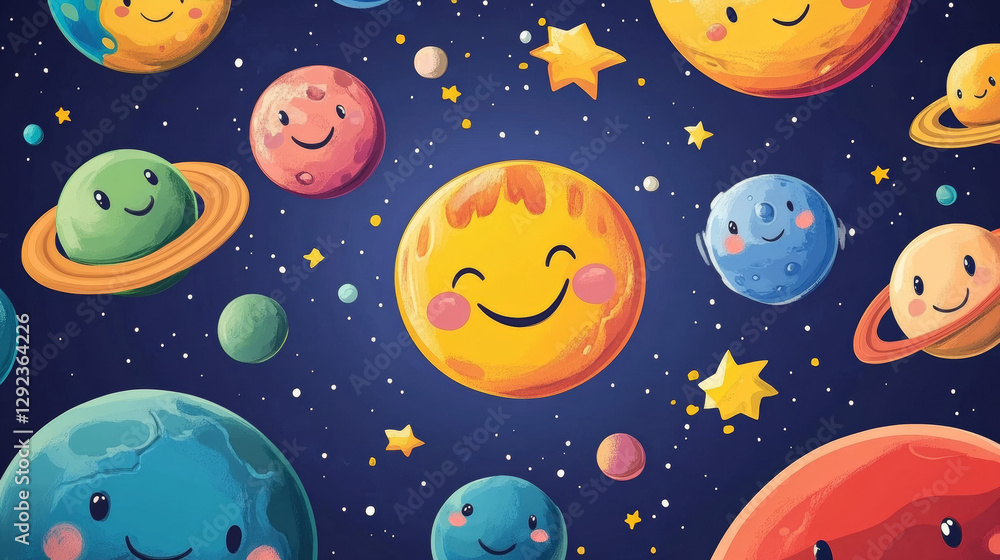 Fototapeta premium Earth, planets and asteroid characters with different emotions. Cute galaxy objects, funny cosmic globes smile, surprised and sad, vector cartoon set isolated on black background