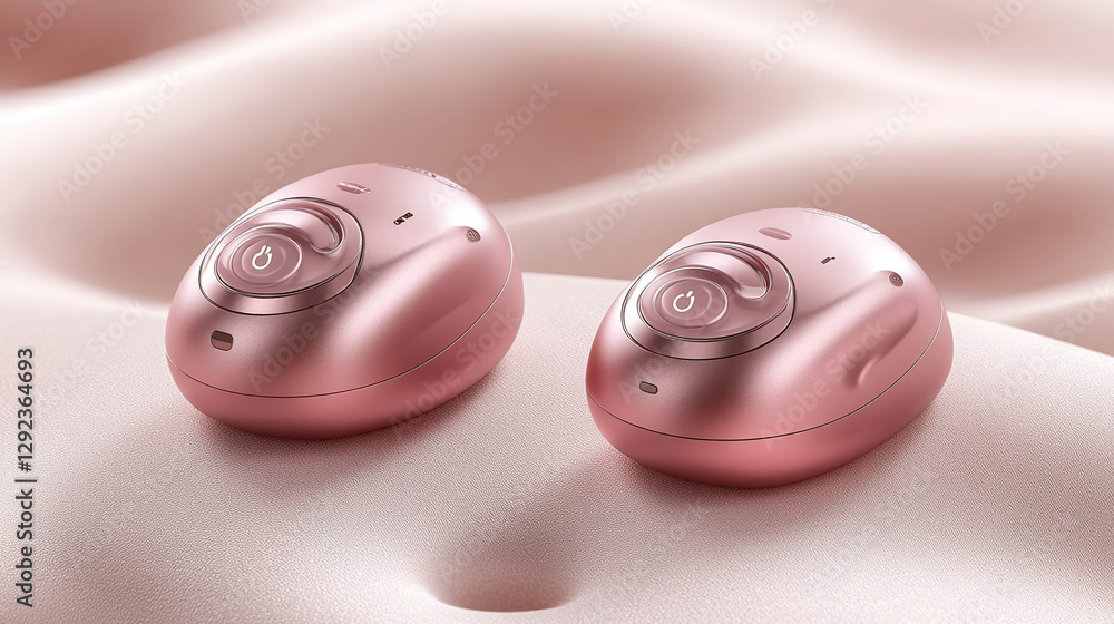 Pink wireless earbuds with an elegant design on a soft and minimalist surface. Generated with AI. Pink wireless earbuds with an elegant design on a soft and minimalist surface. Generated with AI.