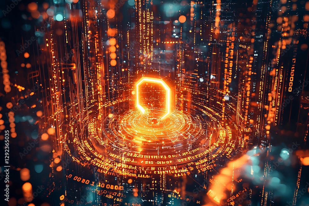 Fototapeta premium A futuristic rendering a glowing lock surrounded by cascading binary patterns and encrypted layers protection.