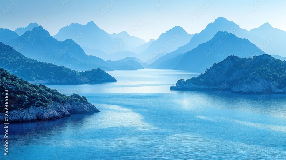 Serene coastal landscape with hazy blue mountains and tranquil sea. Serene coastal landscape with hazy blue mountains and tranquil sea.