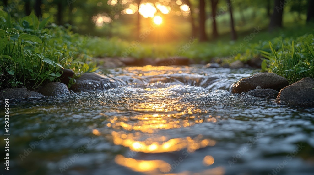 Fototapeta premium Sunset illuminating a flowing stream in a lush green forest.