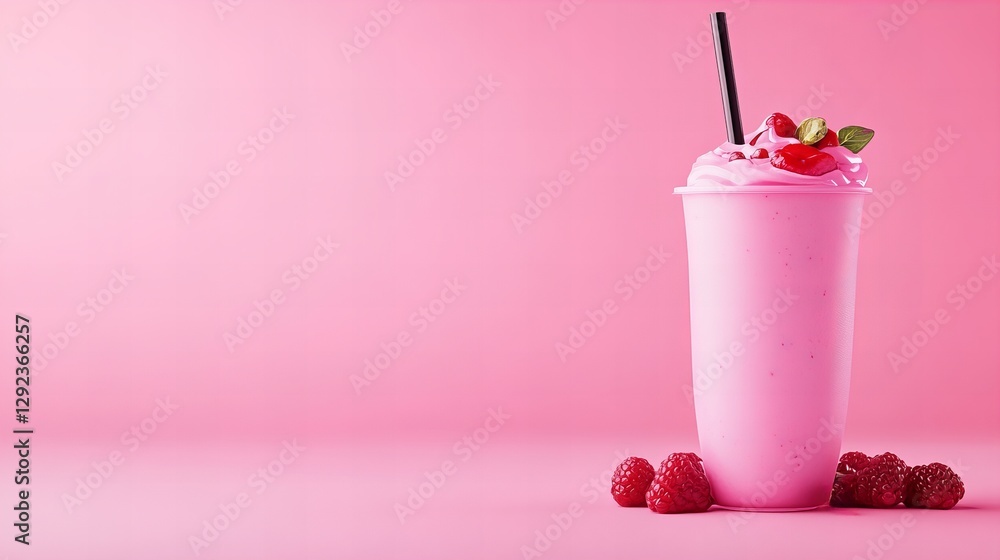 Pink raspberry smoothie in a tall cup with fresh raspberries. Perfect summer treat!
