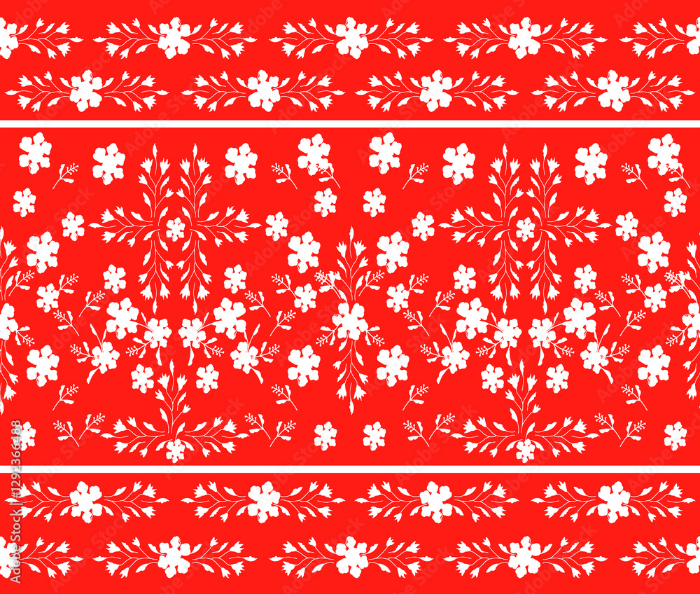 Red Floral Border and Stripe Print Repeat Red Floral Border and Stripe Print Repeat