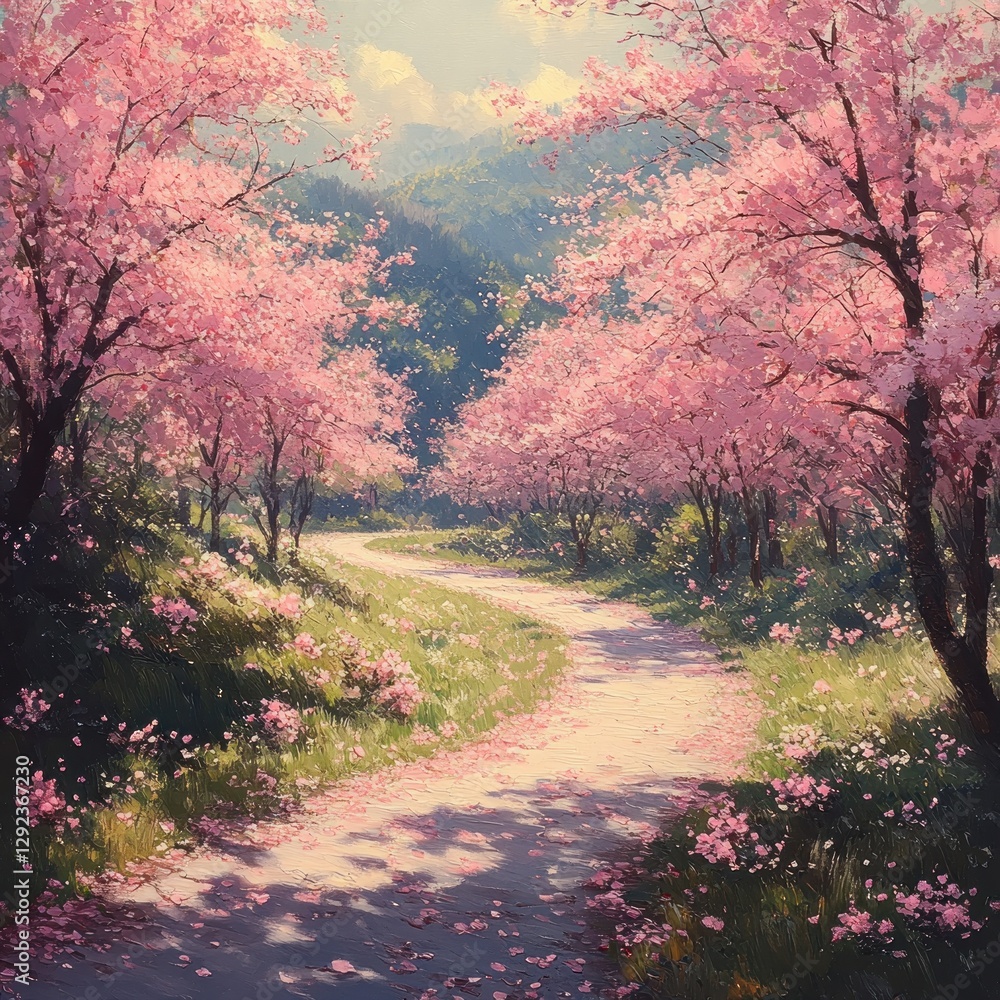 Cherry Blossom View along Prefectural Highway in Shizuoka, Japan with Blooming Trees and Scenic Pathway in April Springtime Cherry Blossom View along Prefectural Highway in Shizuoka, Japan with Blooming Trees and Scenic Pathway in April Springtime