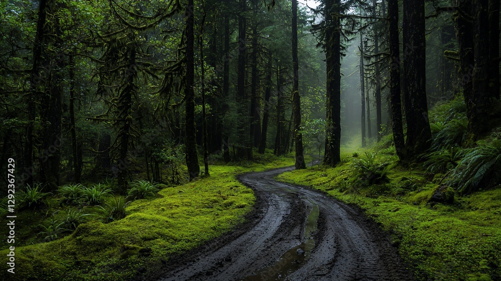 Fototapeta premium Misty forest road winding through lush green moss.