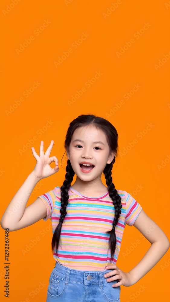 Happy Little Girl with Pigtails Making Playful OK Gesture. Striped T-Shirt and Bright Orange Background Happy Little Girl with Pigtails Making Playful OK Gesture. Striped T-Shirt and Bright Orange Background