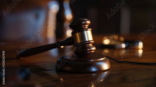 Close-up of a gavel on awooden desk, symbolizingauthority and importance ofelection rules, with copy spacefor text or design. photo