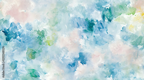 Fototapeta Naklejka Na Ścianę i Meble -  A painting of a blue sky with green leaves and pink flowers