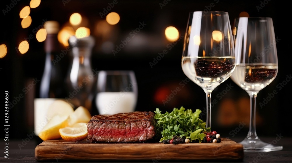 Elegan Dinner, A beautifully plated steak garnished with greens and lemon, accompanied by two glasses of white wine, creating an elegant dining atmosphere. Elegan Dinner, A beautifully plated steak garnished with greens and lemon, accompanied by two glasses of white wine, creating an elegant dining atmosphere.