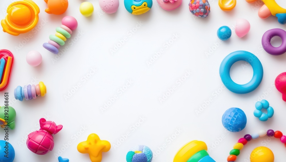 Assorted vibrant baby toys creating playful frame on white backdrop ideal for educational projects Assorted vibrant baby toys creating playful frame on white backdrop ideal for educational projects