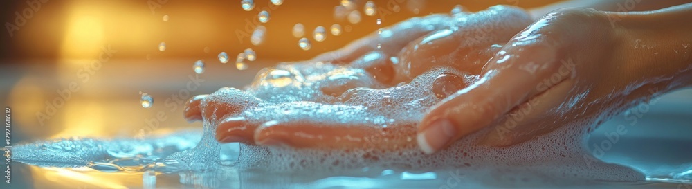 Fototapeta premium Hand Washing Hygiene for Virus Prevention with Soap and Water in Modern Sink Soft Lighting