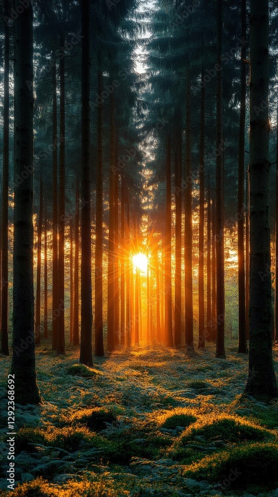 Fototapeta premium Golden Sunlight Through Pine Trees At Sunset