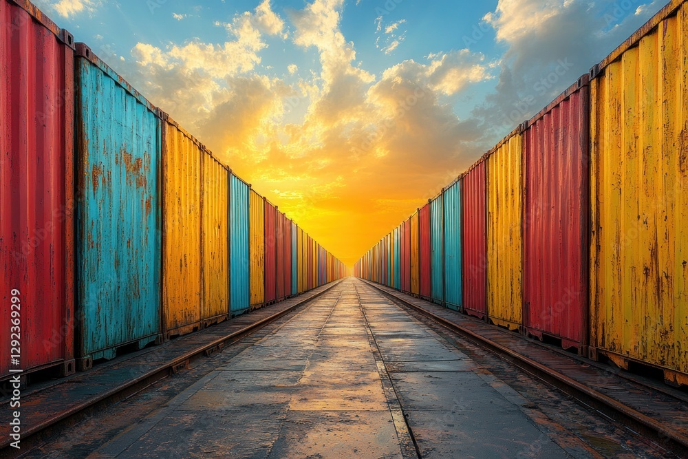 Vibrant Shipping Containers on Industrial Railway Platform with Freight Train at Depot Vibrant Shipping Containers on Industrial Railway Platform with Freight Train at Depot