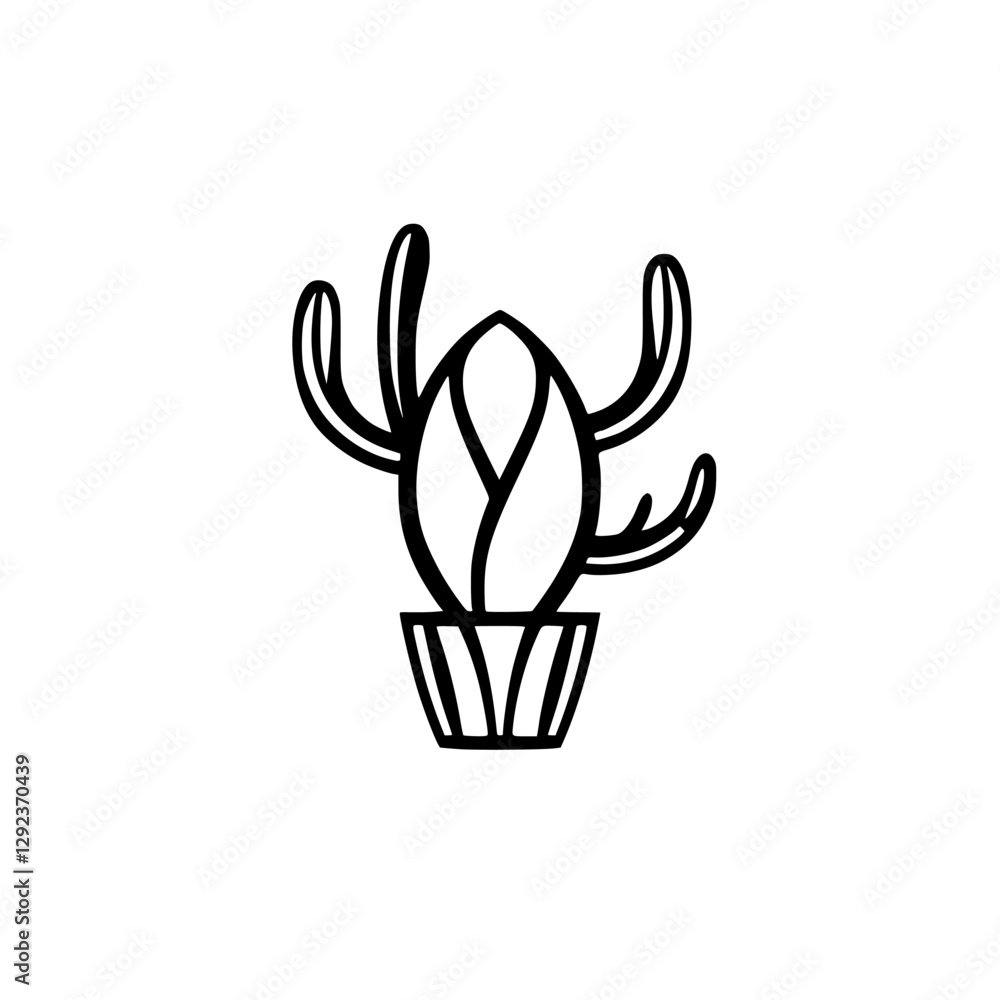 Minimalist Cactus Illustration: Black outlines of a cactus in a pot. White background. Simple, clean lines.