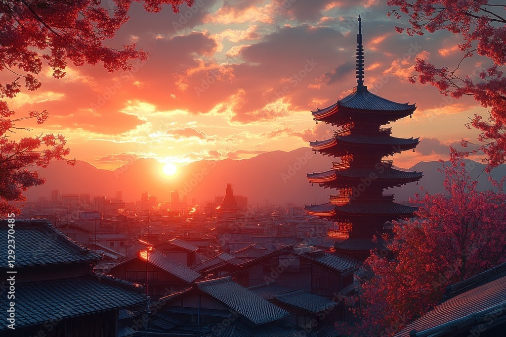Vibrant Urban Landscape at Dawn with Cherry Blossoms and Yasaka Pagoda in Kyoto Japan Vibrant Urban Landscape at Dawn with Cherry Blossoms and Yasaka Pagoda in Kyoto Japan