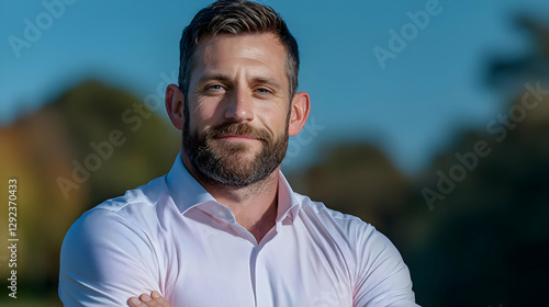 Confident man outdoors, arms crossed, park background, headshot for business profile