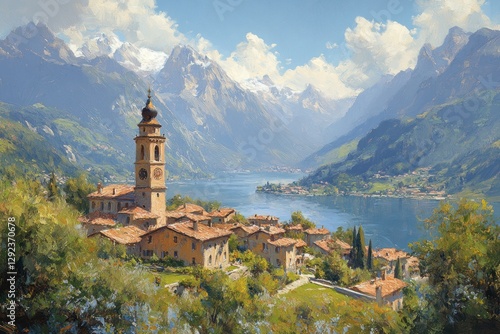Wallpaper Mural Impressionist View of Thun with Church Tower and Alpine Mountains Overlooking Thunersee Lake Torontodigital.ca