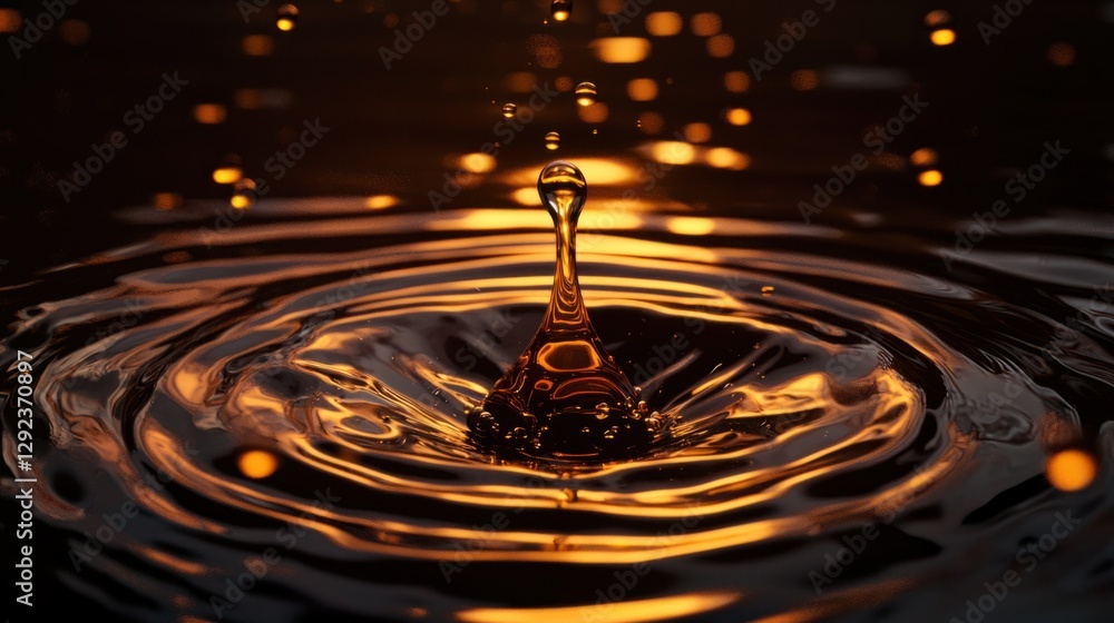 Water Droplet Making Splash in Golden Rippled Liquid Surface Water Droplet Making Splash in Golden Rippled Liquid Surface