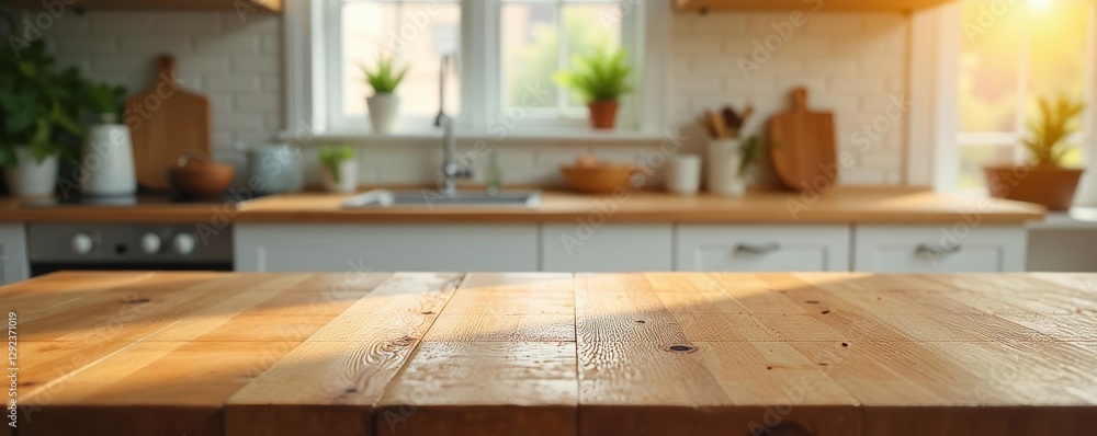 Gleaming wood tabletop, soft-focus kitchen scene, mockup, shadow Gleaming wood tabletop, soft-focus kitchen scene, mockup, shadow