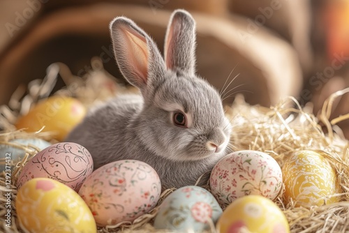 Soft gray rabbit resting among colorful decorated Easter eggs in a cozy straw-filled setting during springtime photo