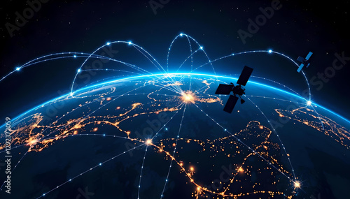 Low Earth Orbit satellites form a glowing web of connectivity, with radiant light beams linking across Earth, revolutionizing global communication and technological advancements