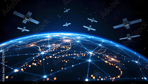 Low Earth Orbit satellites form a glowing web of connectivity, with radiant light beams linking across Earth, revolutionizing global communication and technological advancements