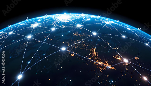 Low Earth Orbit satellites form a glowing web of connectivity, with radiant light beams linking across Earth, revolutionizing global communication and technological advancements
