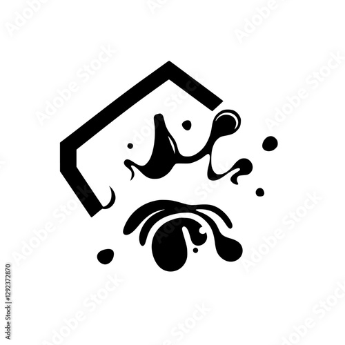 Abstract black and white composition featuring a geometric shape, with a stylized representation of liquid and ink effects, suggesting flowing motion, with an open design.