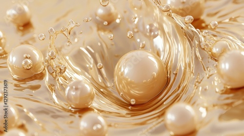 Golden Liquid with Pearls Splashing and Creating Waves of Motion