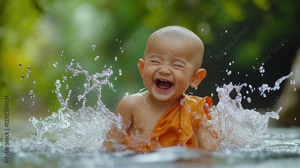 Obraz premium A joyful young monk splashes in water, radiating happiness amidst a lush green backdrop.