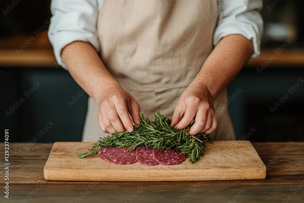 A person is preparing food on a wooden cutting board A person is preparing food on a wooden cutting board