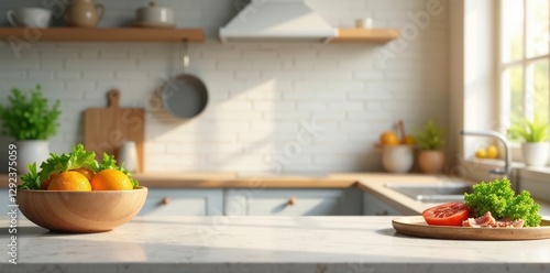 Wallpaper Mural Bright kitchen backdrop, empty tabletop for display , wood, white, empty Torontodigital.ca