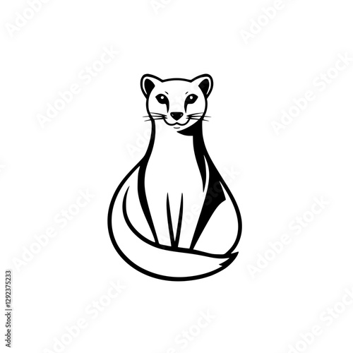 Minimalist black and white illustration of a sitting weasel with a smiling expression.