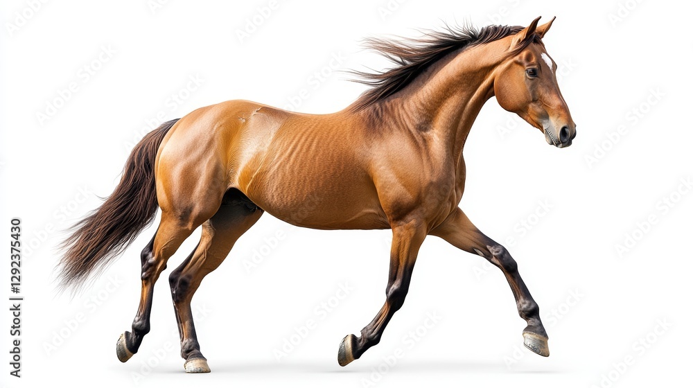 Obraz premium Bay horse with flowing mane and tail isolated in an open field animal photography natural landscape side view majestic equine beauty