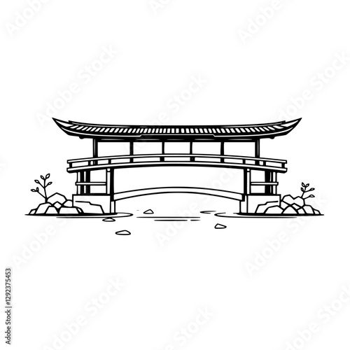 Minimalist drawing of a Japanese pavilion over a serene body of water.